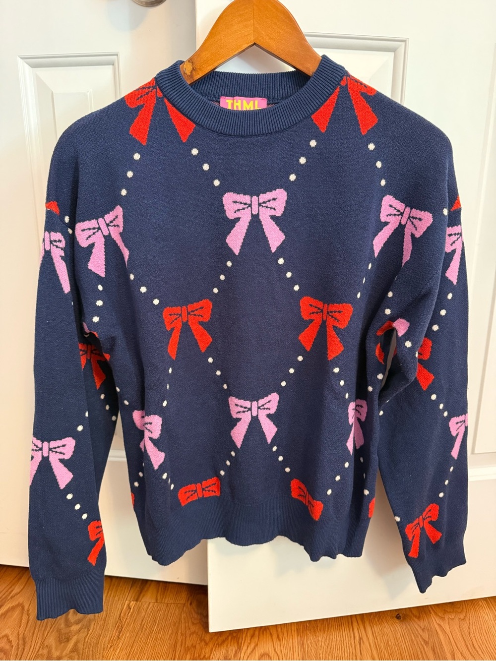 THML Navy Bow-Print Crew Neck Sweater with Pink & Red Bows Size Large